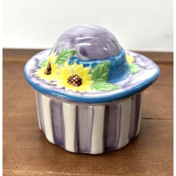 Other - Sun Hat Garden Jewelry Trinket Box Yellow Sun Flowers Purple White‎ Stripes